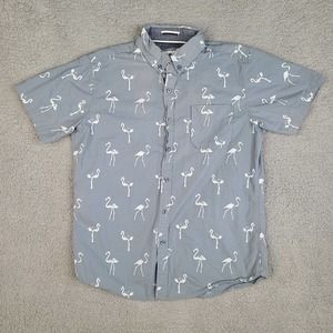 Ditch Plains By Ricky Singh Shirt Men’s Medium Gray Flamingos‎ Button Down